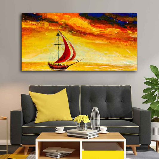 Sailing Ship with Red Sails with Yellow Sea Background Wall Painting - Decor Smart
