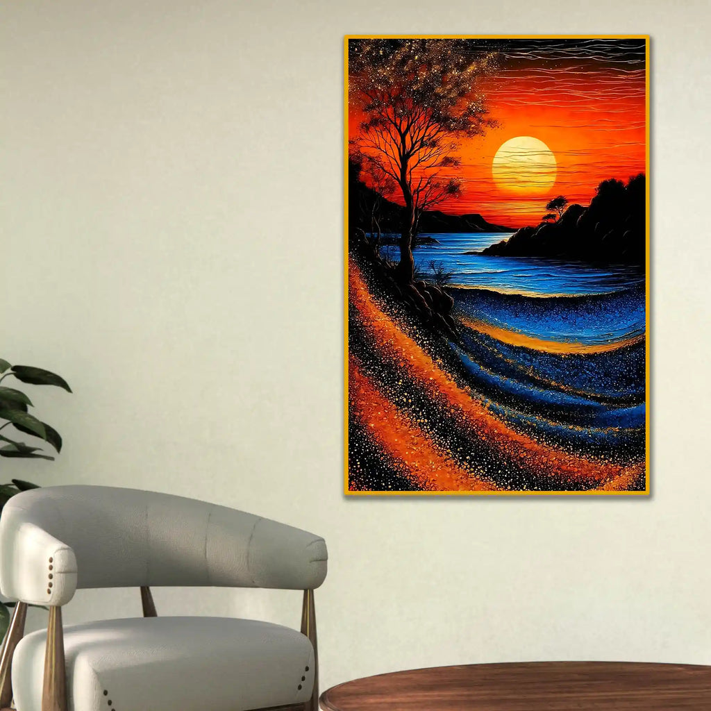 Scenic River Sunset Floating Frame Crystal Wall Painting
