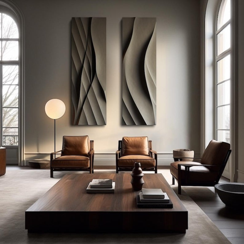 Set of Two Vertical 3D Wall Art Panels with Wave Design