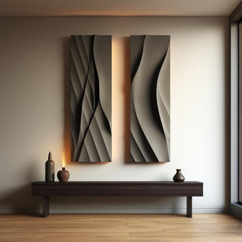 Set of Two Vertical 3D Wall Art Panels with Wave Design