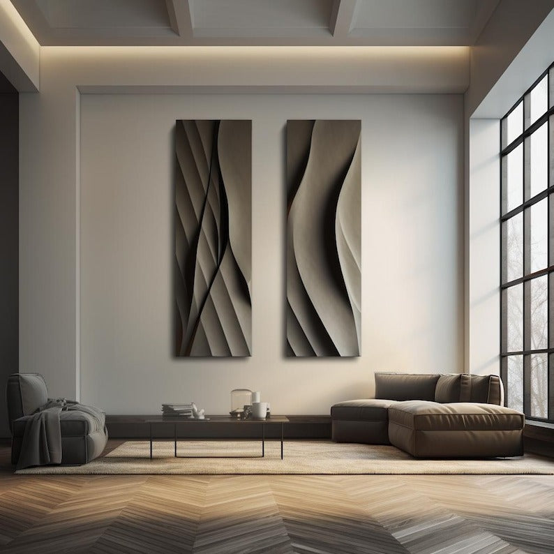 Set of Two Vertical 3D Wall Art Panels with Wave Design