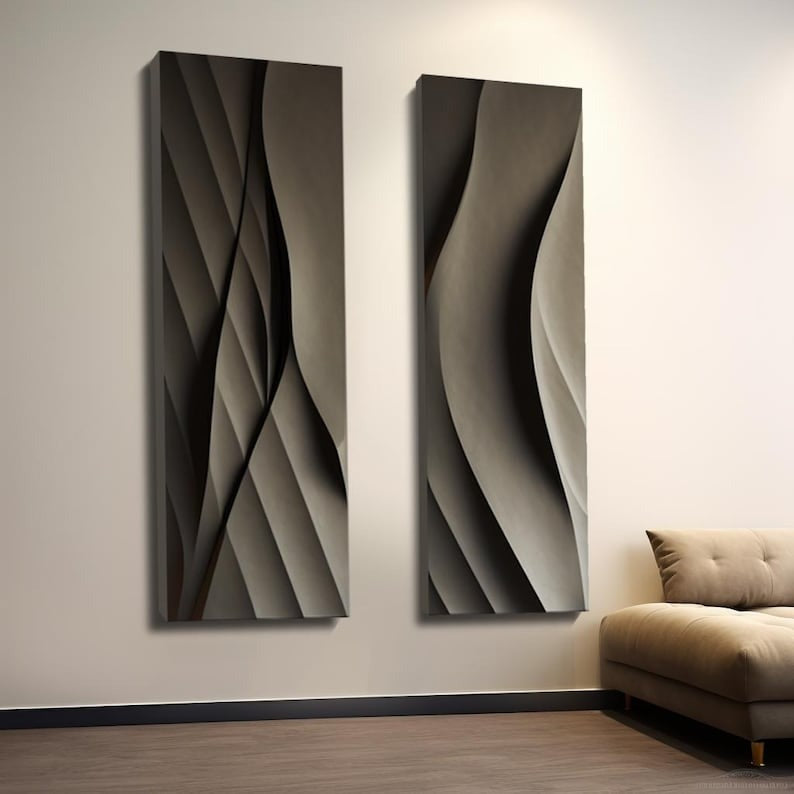 Set of Two Vertical 3D Wall Art Panels with Wave Design