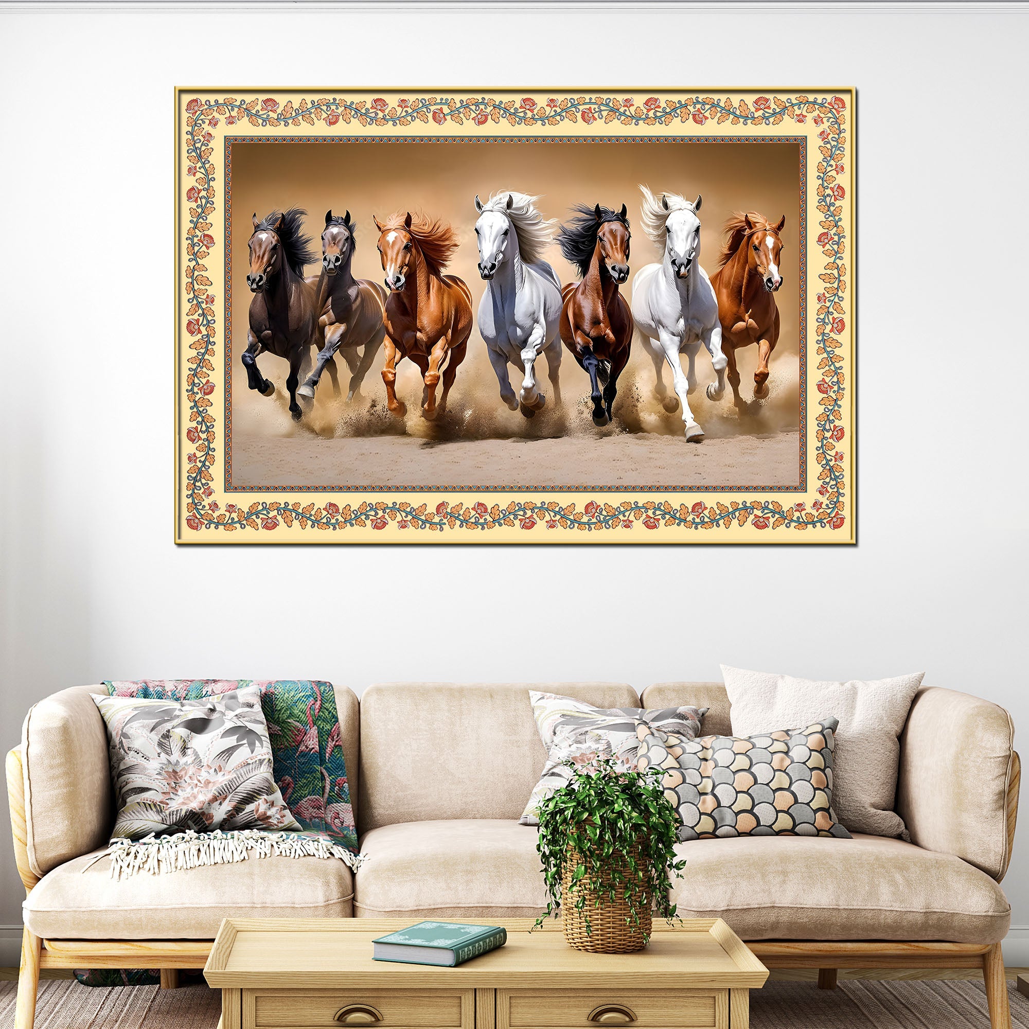 Seven Horses Running in Desert Floral Border Canvas Wall Painting