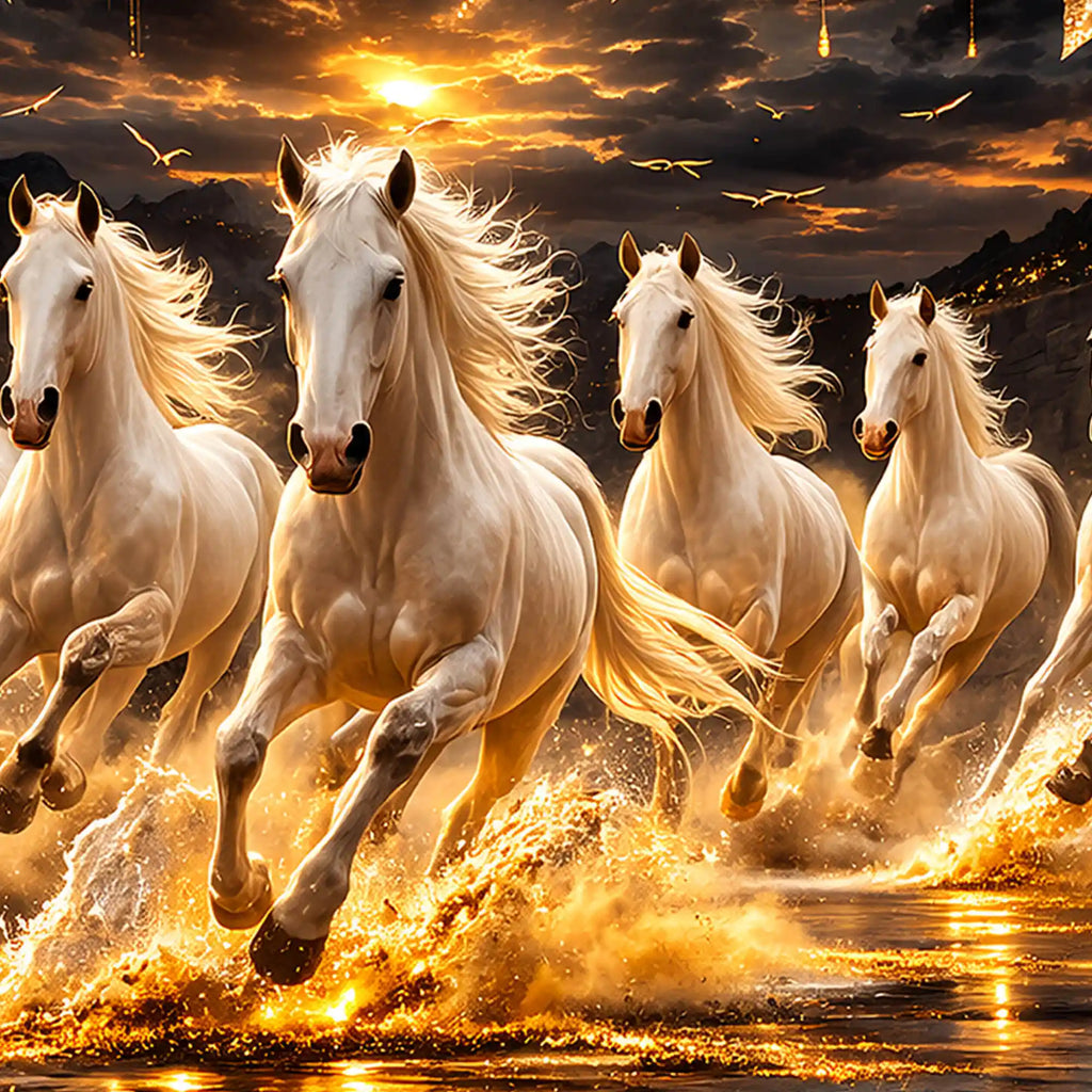 Seven Horses Wealth Symbol Crystal Glass Painting for Home Décor