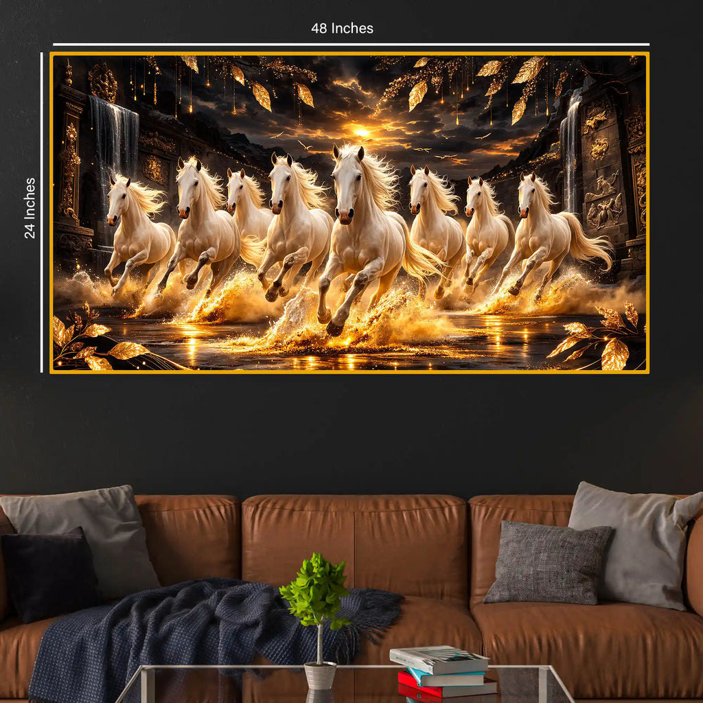 Seven Horses Wealth Symbol Crystal Glass Painting for Home Décor