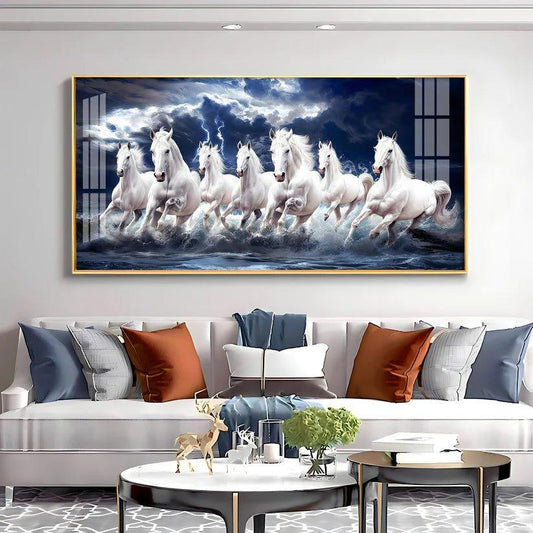 Seven White Horses Gallop in the Sea Premium Acrylic Floating Wall Painting - Decor Smart