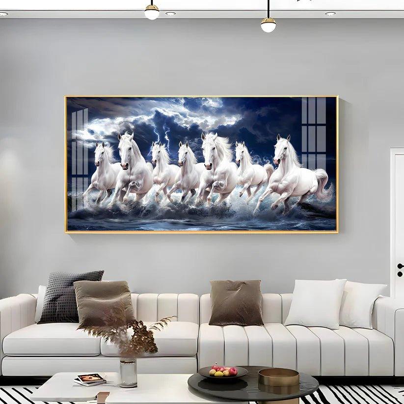 Seven White Horses Gallop in the Sea Premium Acrylic Floating Wall Painting - Decor Smart