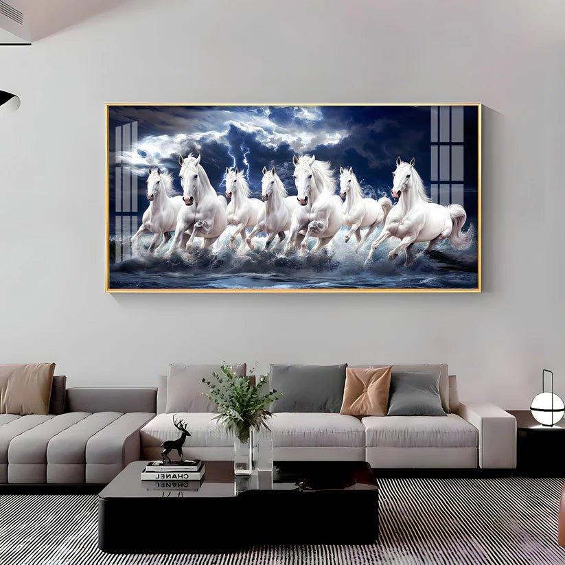 Seven White Horses Gallop in the Sea Premium Acrylic Floating Wall Painting - Decor Smart
