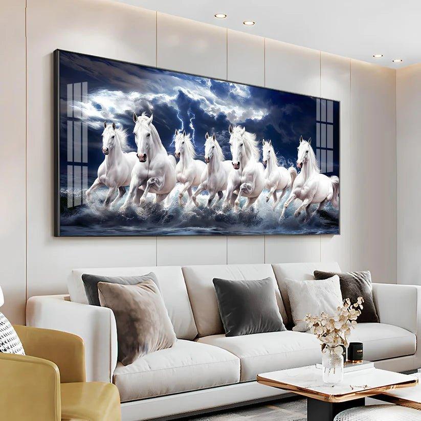 Seven White Horses Gallop in the Sea Premium Acrylic Floating Wall Painting - Decor Smart