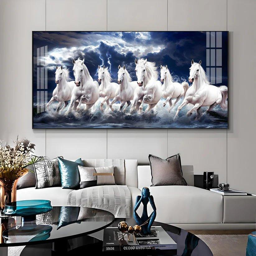 Seven White Horses Gallop in the Sea Premium Acrylic Floating Wall Painting - Decor Smart