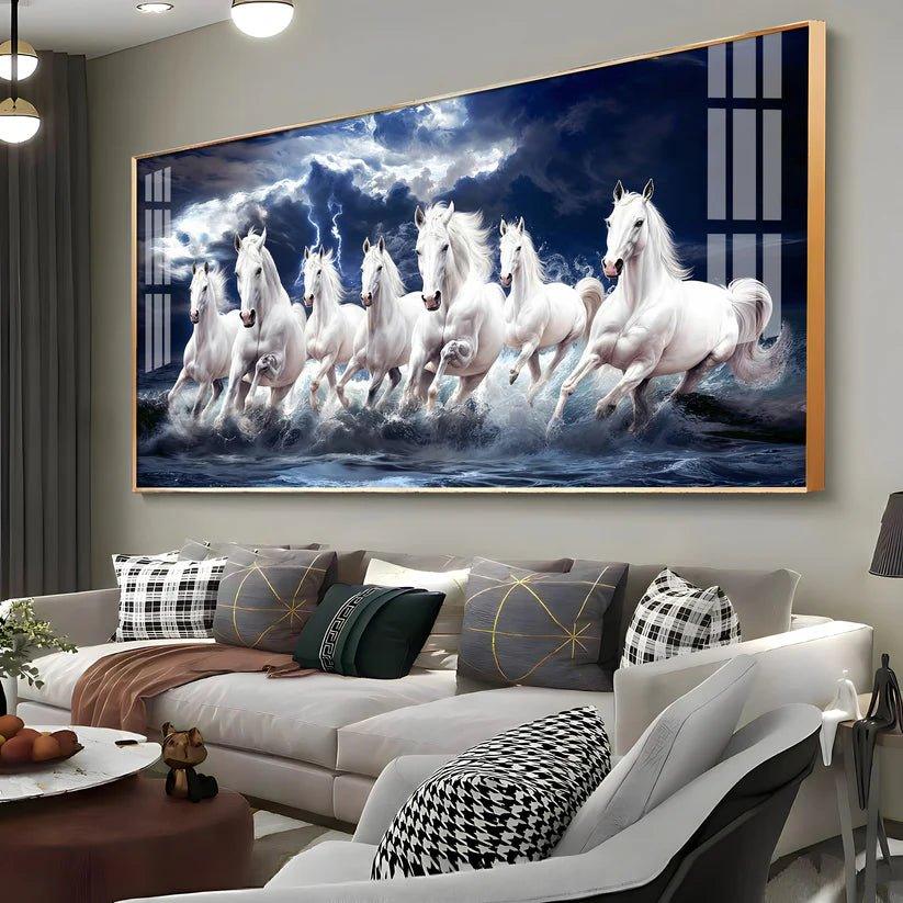 Seven White Horses Gallop in the Sea Premium Acrylic Floating Wall Painting - Decor Smart