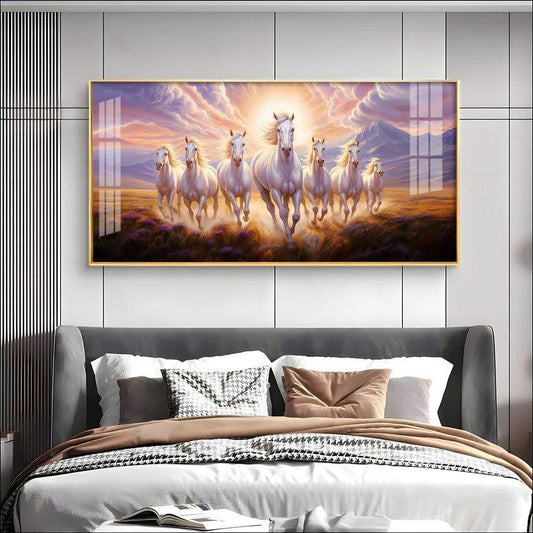 Seven White Running Horses Premium Acrylic Floating Wall Painting - Decor Smart