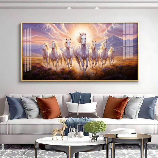 Seven White Running Horses Premium Acrylic Floating Wall Painting - Decor Smart