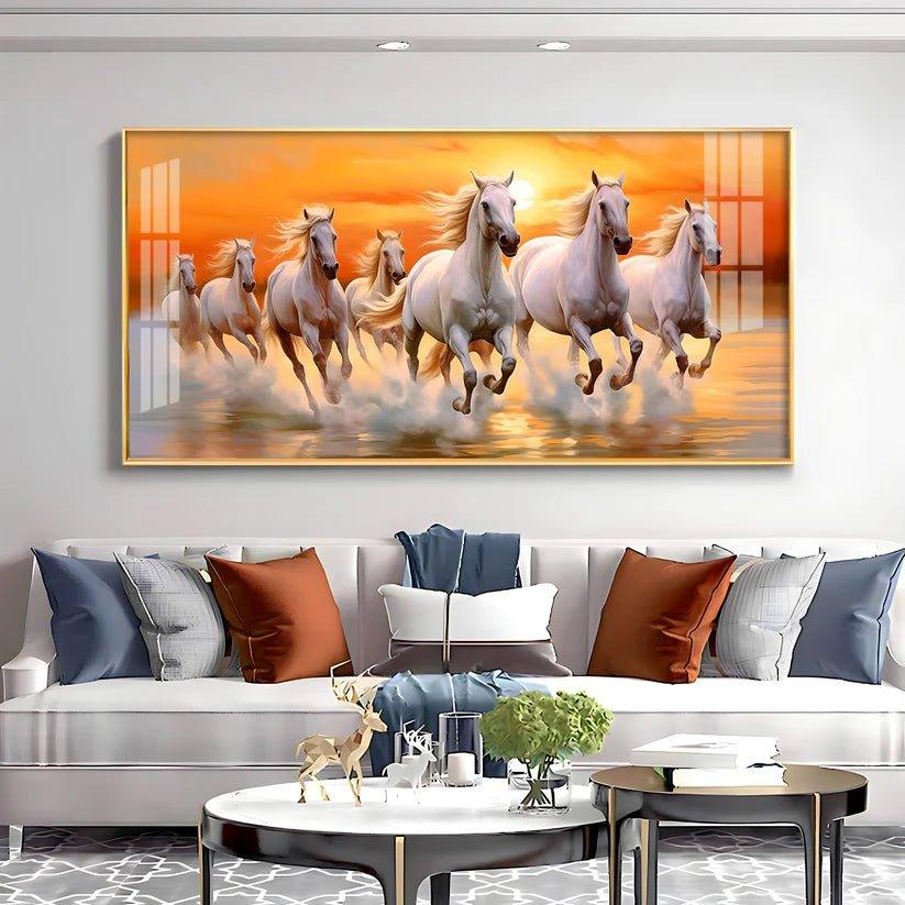 Seven White Running Horses with Sunrise Premium Acrylic Floating Wall Painting - Decor Smart