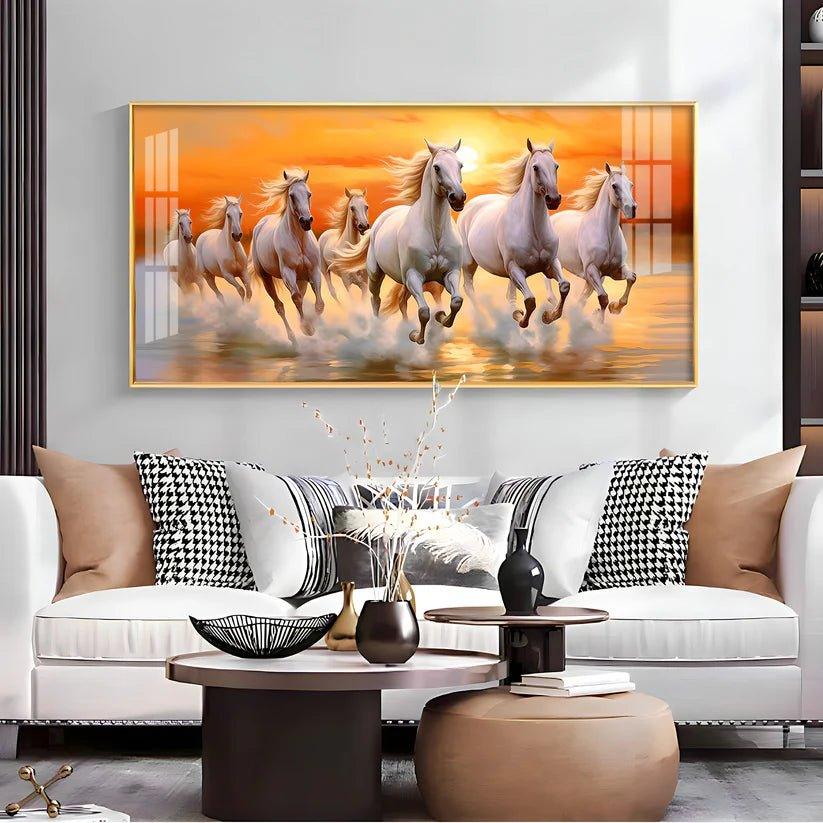 Seven White Running Horses with Sunrise Premium Acrylic Floating Wall Painting - Decor Smart