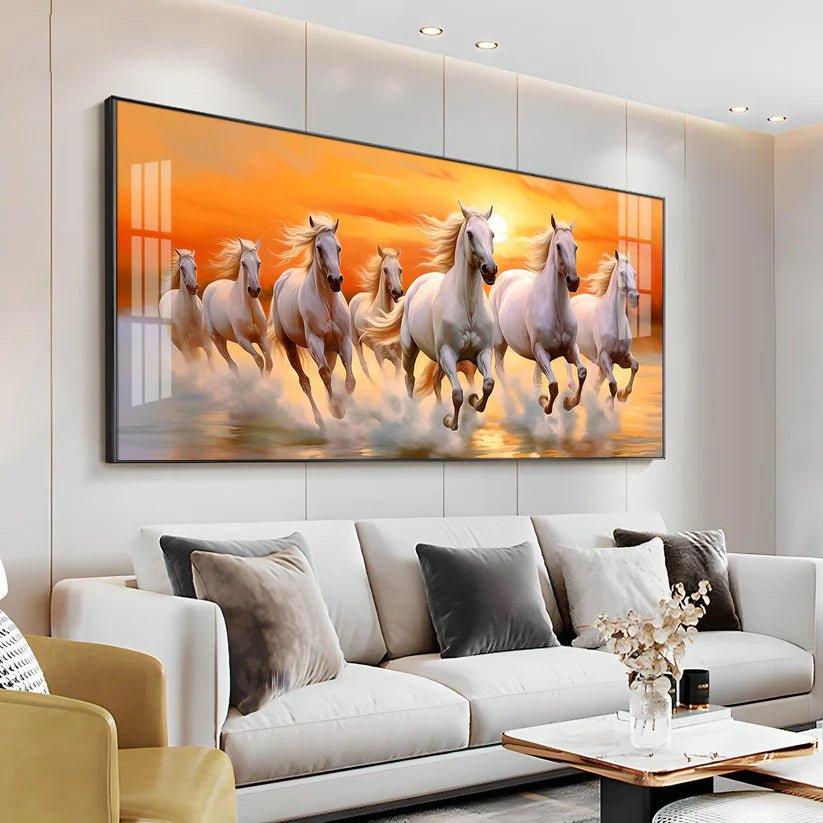 Seven White Running Horses with Sunrise Premium Acrylic Floating Wall Painting - Decor Smart