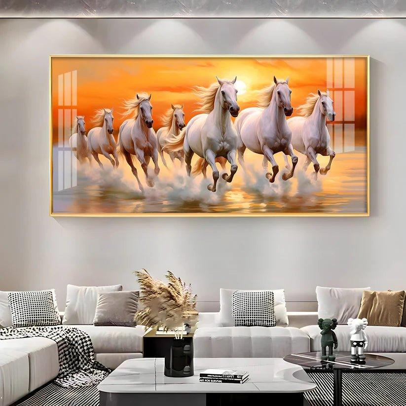 Seven White Running Horses with Sunrise Premium Acrylic Floating Wall Painting - Decor Smart