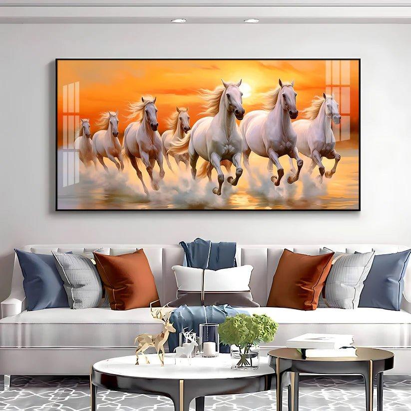 Seven White Running Horses with Sunrise Premium Acrylic Floating Wall Painting - Decor Smart