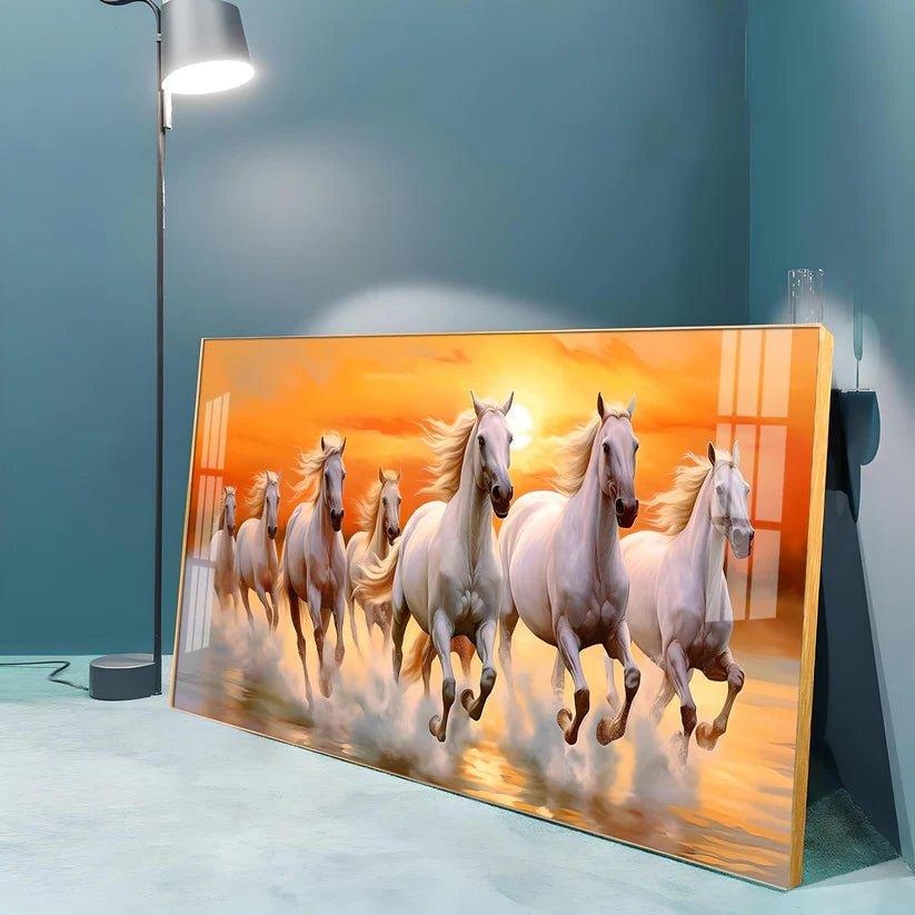 Seven White Running Horses with Sunrise Premium Acrylic Floating Wall Painting - Decor Smart