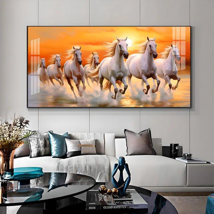 Seven White Running Horses with Sunrise Premium Acrylic Floating Wall Painting - Decor Smart