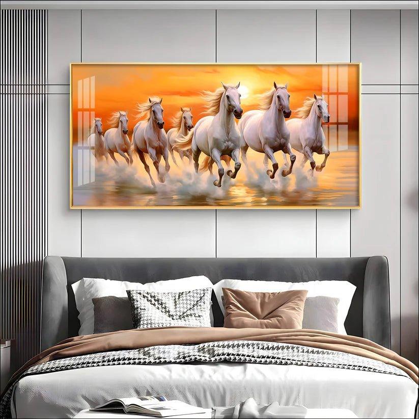 Seven White Running Horses with Sunrise Premium Acrylic Floating Wall Painting - Decor Smart