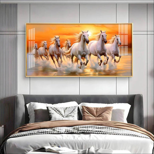 Seven White Running Horses with Sunrise Premium Acrylic Floating Wall Painting - Decor Smart