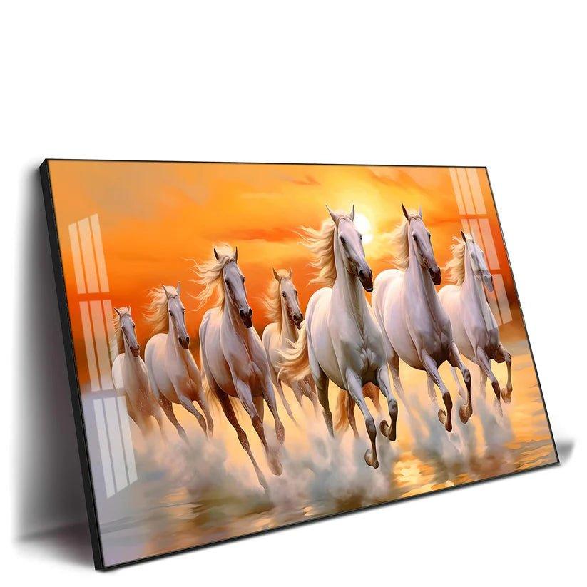 Seven White Running Horses with Sunrise Premium Acrylic Floating Wall Painting - Decor Smart
