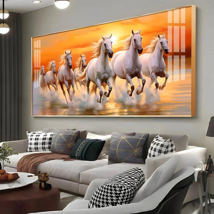 Seven White Running Horses with Sunrise Premium Acrylic Floating Wall Painting - Decor Smart