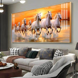Seven White Running Horses with Sunrise Premium Acrylic Floating Wall Painting - Decor Smart