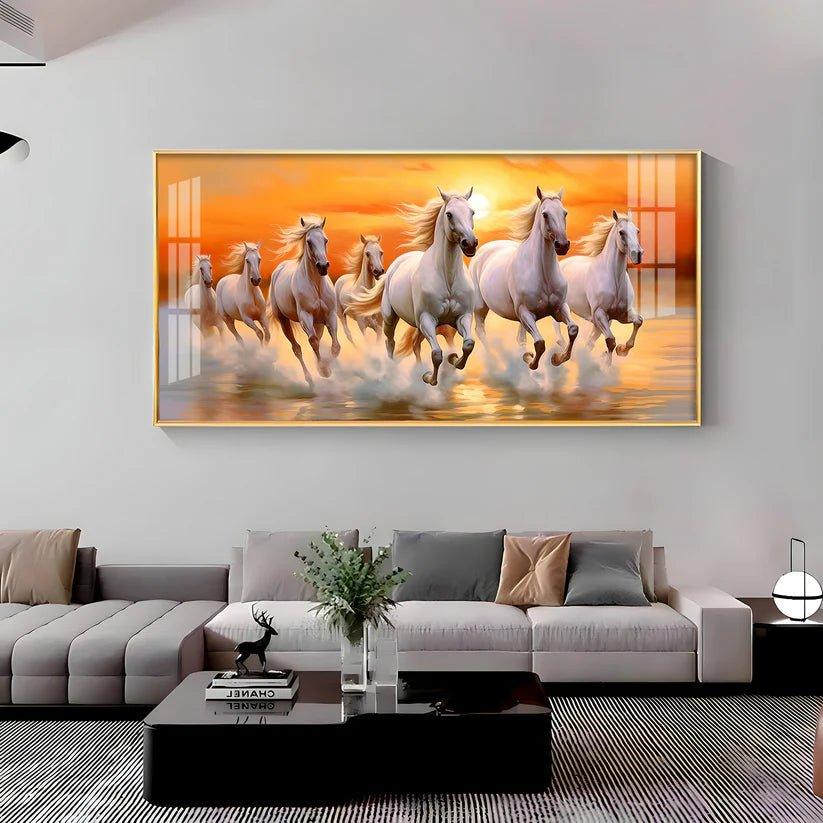 Seven White Running Horses with Sunrise Premium Acrylic Floating Wall Painting - Decor Smart