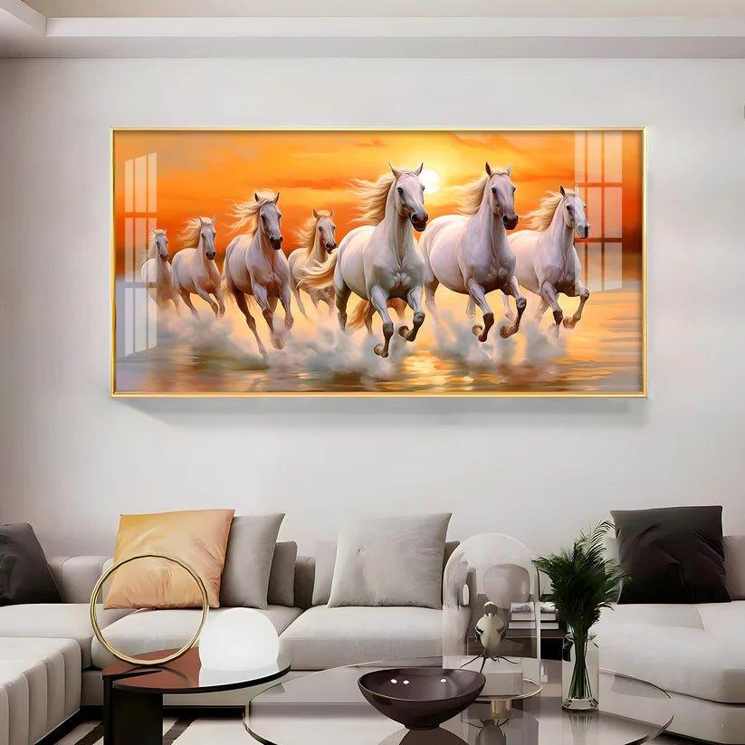 Seven White Running Horses with Sunrise Premium Acrylic Floating Wall Painting - Decor Smart