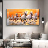 Seven White Running Horses with Sunrise Premium Acrylic Floating Wall Painting - Decor Smart