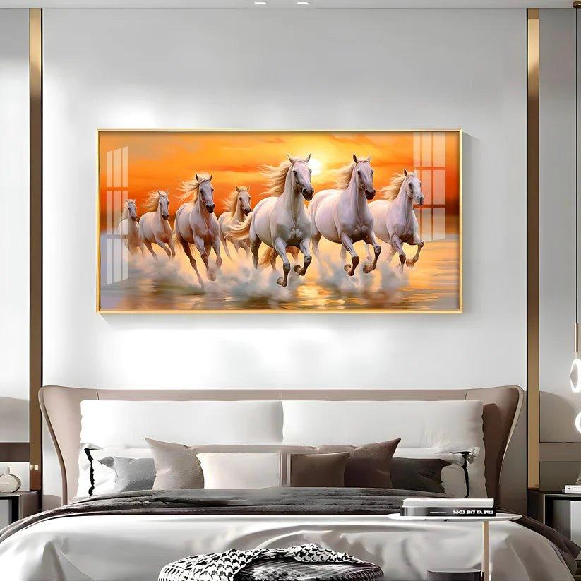 Seven White Running Horses with Sunrise Premium Acrylic Floating Wall Painting - Decor Smart