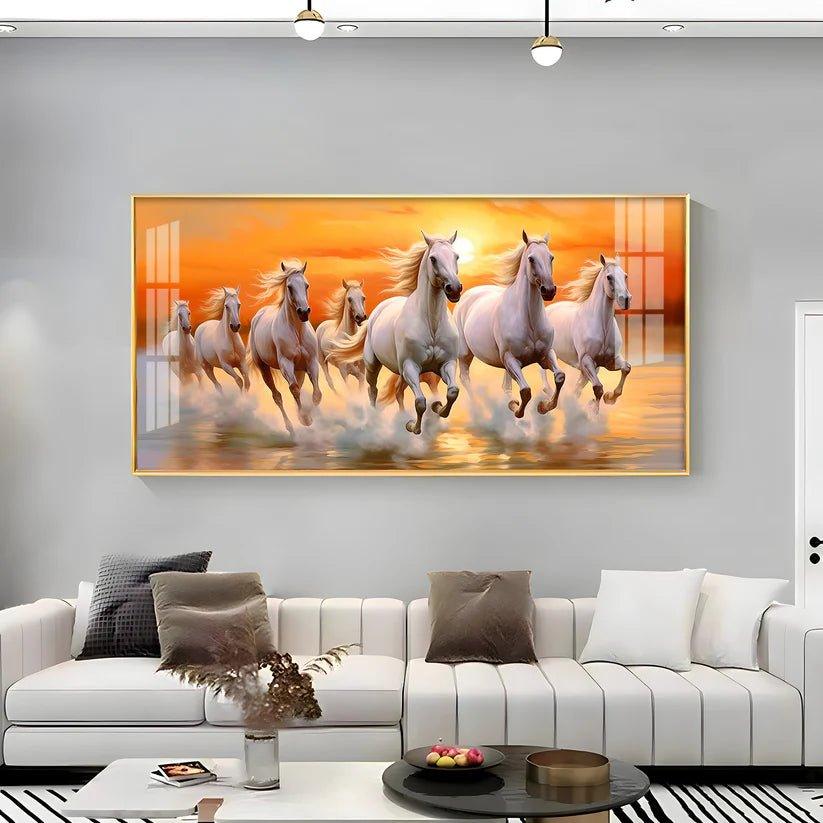 Seven White Running Horses with Sunrise Premium Acrylic Floating Wall Painting - Decor Smart