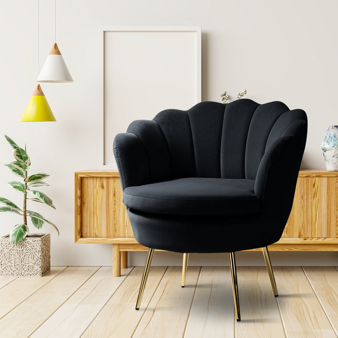 Shell Motif Luxury Design Black Velvet Lounge Chair - Decor Smart
