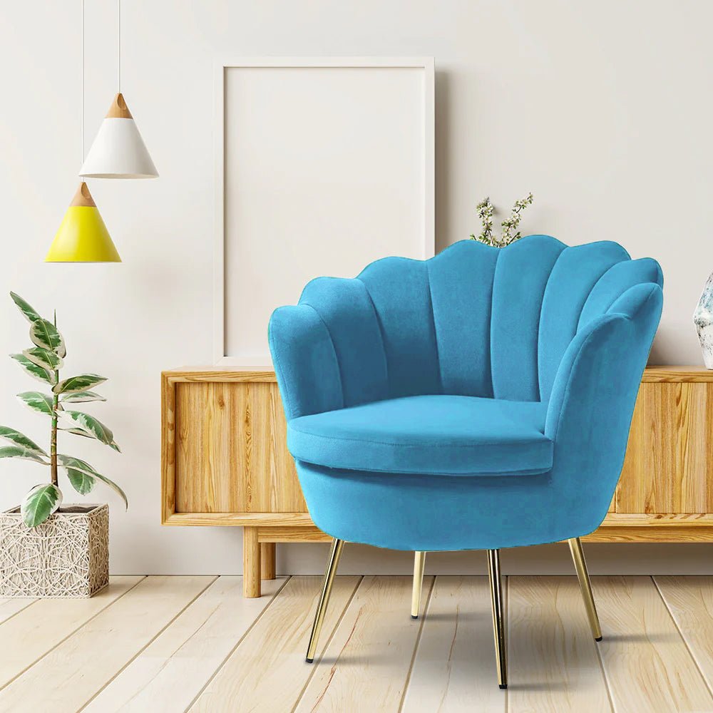 Shell Motif Luxury Sky Blue Velvet Comfy Lounge Chair - Decor Smart