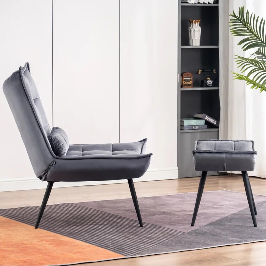 Shiny Grey Leather Finish Armchair with Footrest & Cushion - Decor Smart