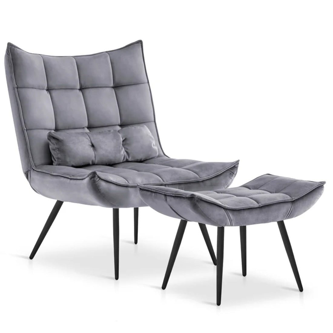 Shiny Grey Leather Finish Armchair with Footrest & Cushion - Decor Smart