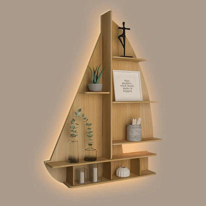 Ship Backlit Designer Wooden Wall Shelf / Book Shelf / Night Light, Oak Finish - Decor Smart