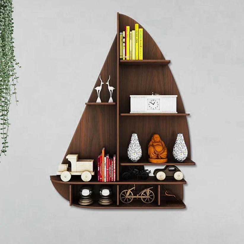 Ship Backlit Designer Wooden Wall Shelf / Book Shelf / Night Light, Walnut Finish - Decor Smart