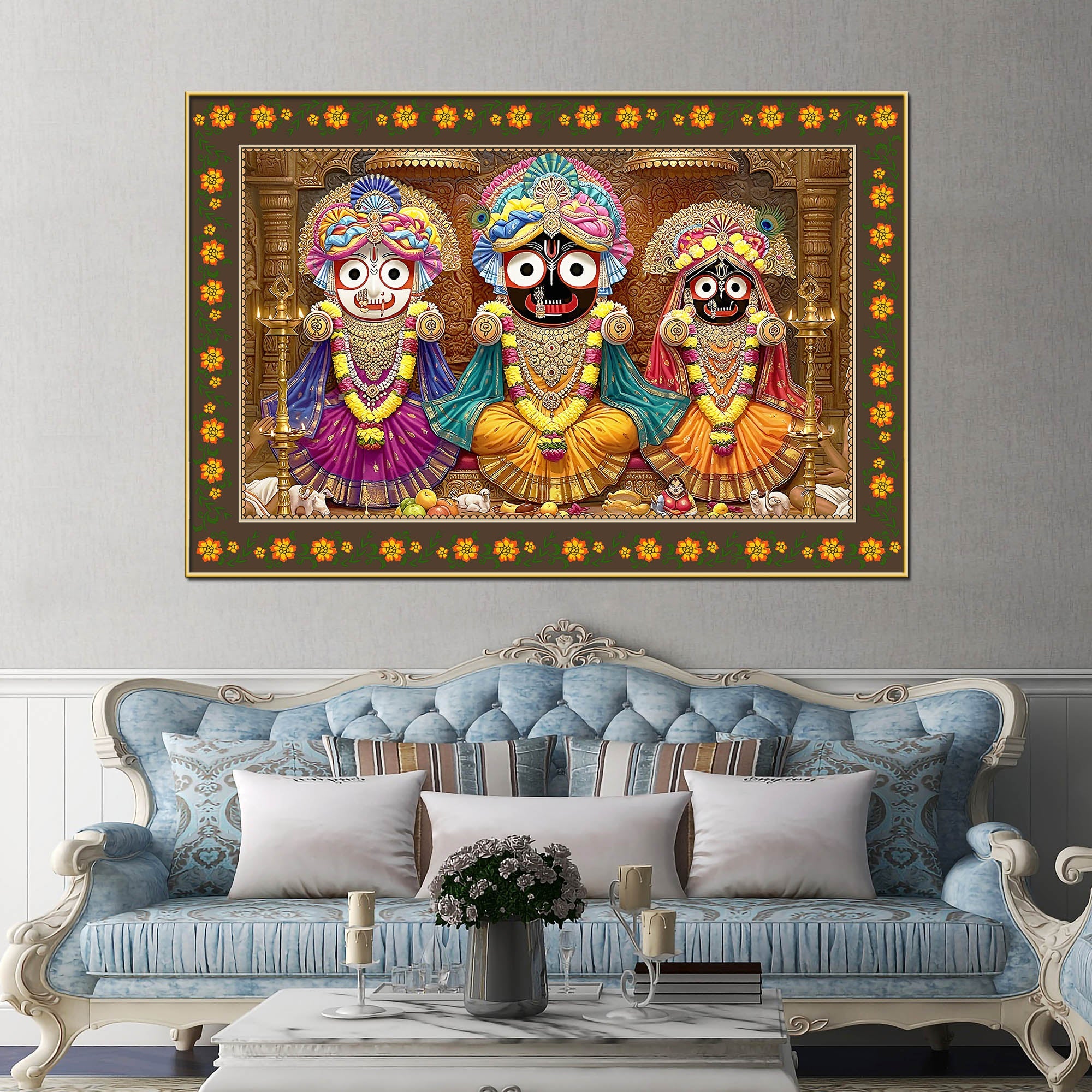 Shree Jagannath Deities Floral Border Canvas Wall Painting