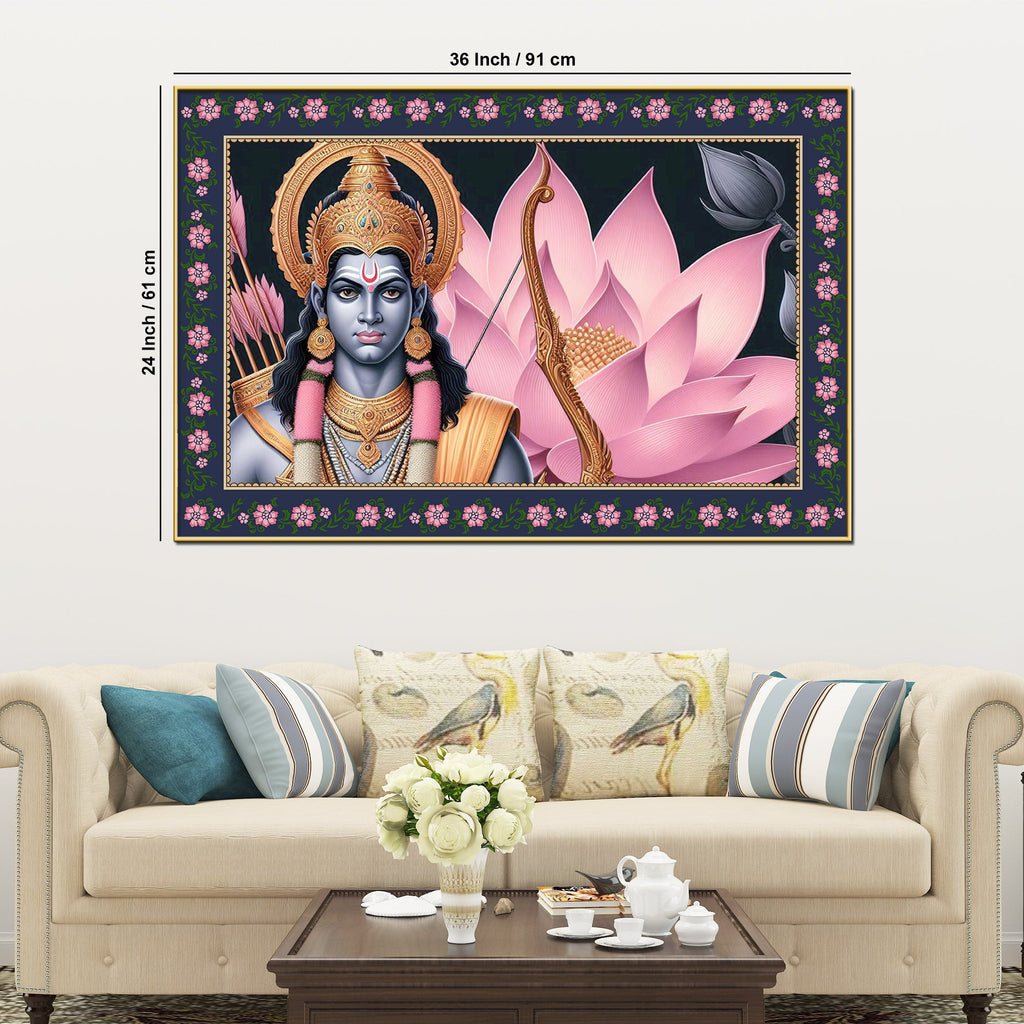 Shree Ram in Lotus Background Floral Border Canvas Wall Painting