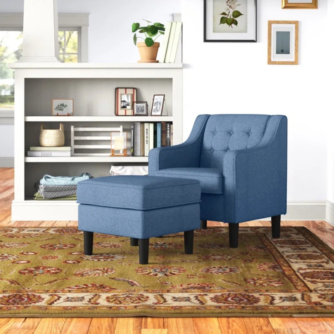 Sky Blue Color Tufted Comfy Accent Chair with Ottoman - Decor Smart