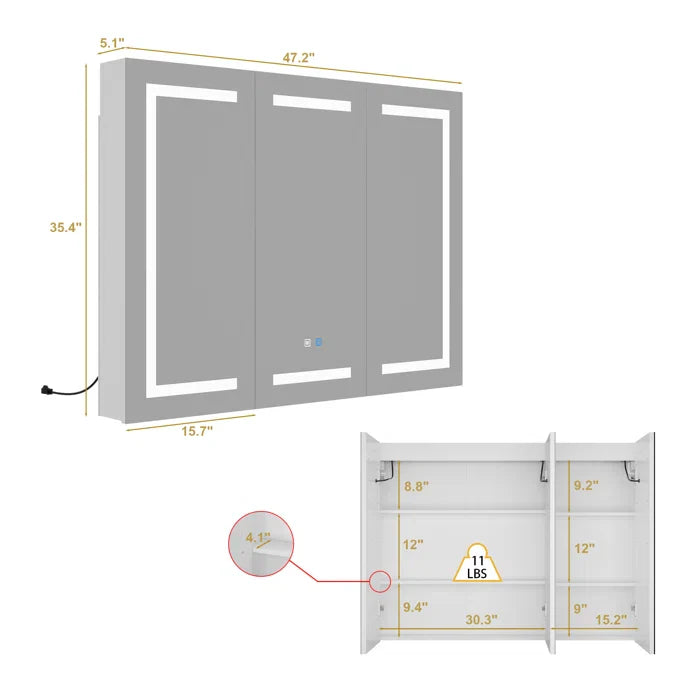 Sleek LED Mirror Cabinet with Tri-Fold Doors and Interior Storage