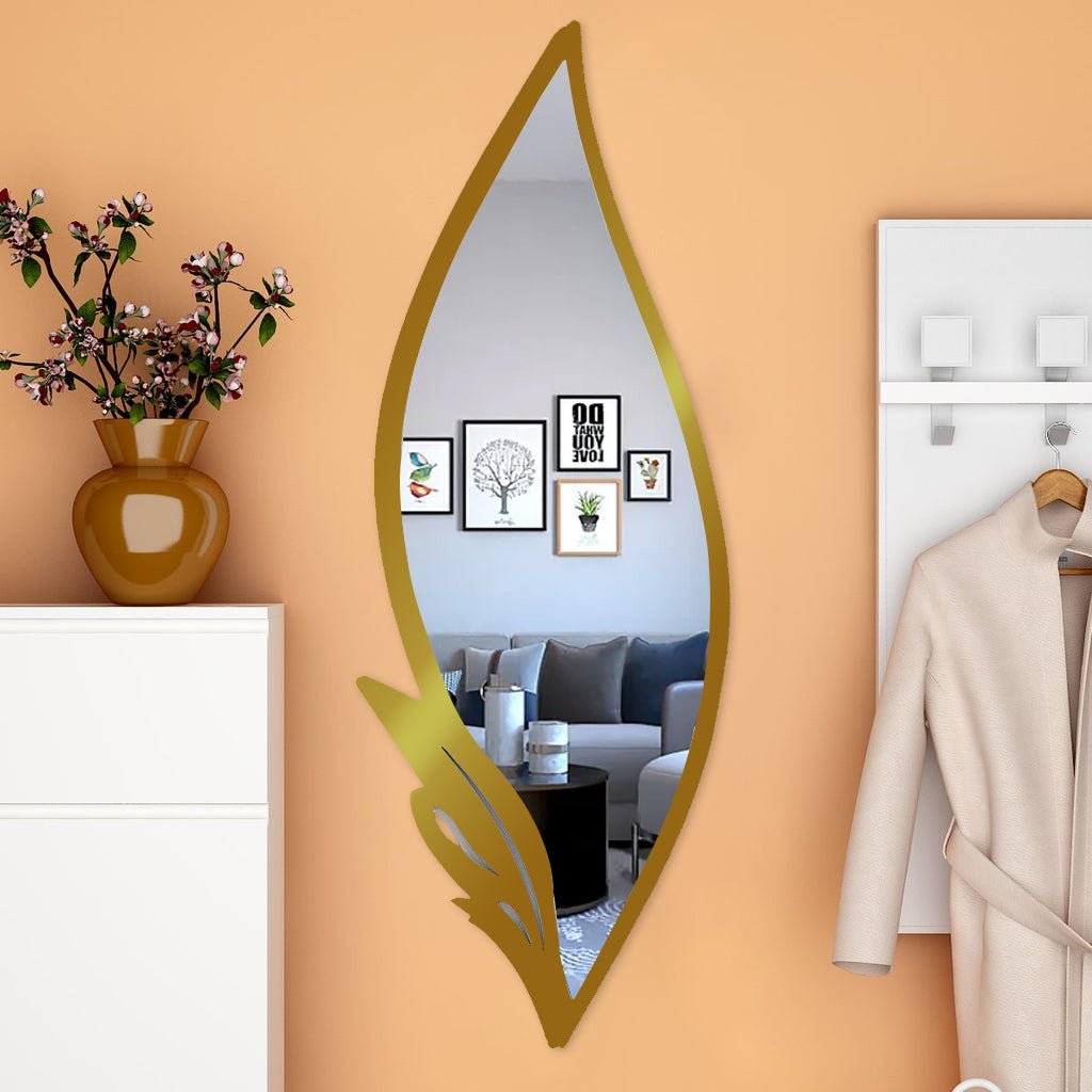 Slender Big Leafs Vanity Mirror with Metallic Golden Finish Frame - Decor Smart