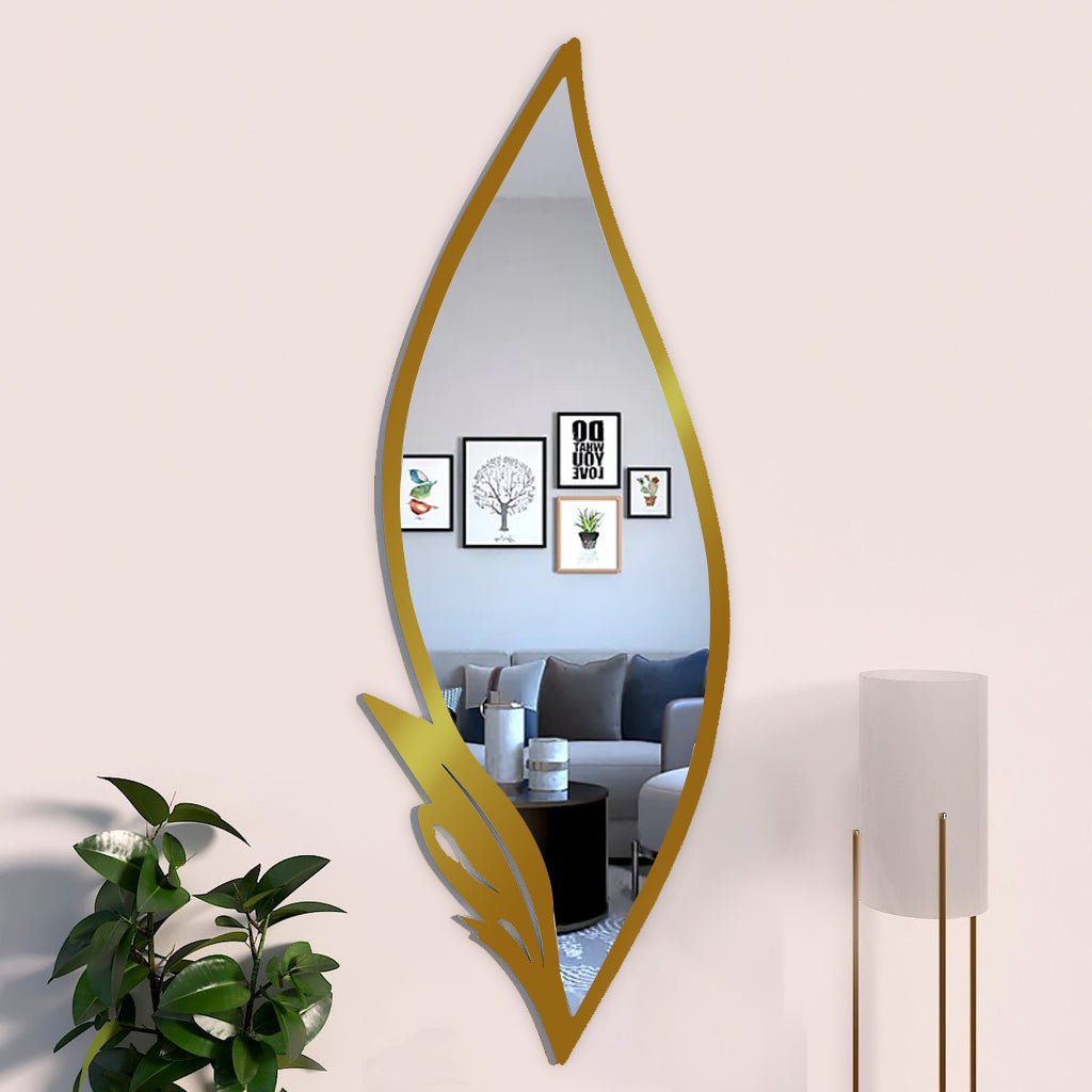 Slender Big Leafs Vanity Mirror with Metallic Golden Finish Frame - Decor Smart