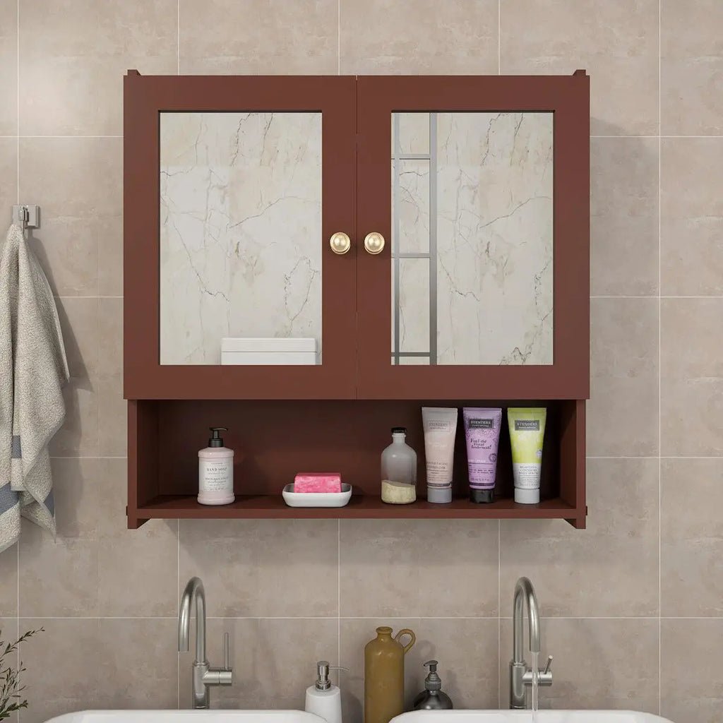 Space Saving Bathroom Mirror Cabinet with 5 Spacious Shelves with Brown Finish - Decor Smart