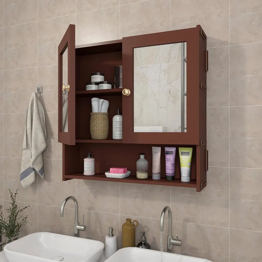 Space Saving Bathroom Mirror Cabinet with 5 Spacious Shelves with Brown Finish - Decor Smart