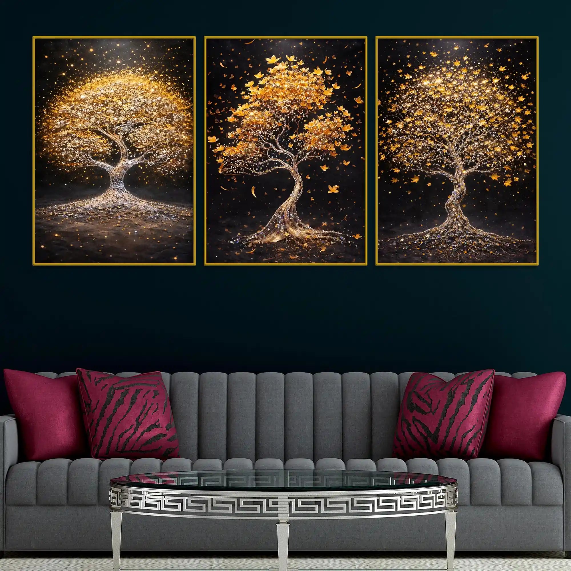 Sparkling Golden Tree of Life Floating Frame Crystal Wall Painting Set of 3