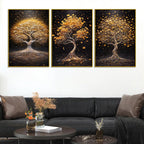 Sparkling Golden Tree of Life Floating Frame Crystal Wall Painting Set of 3